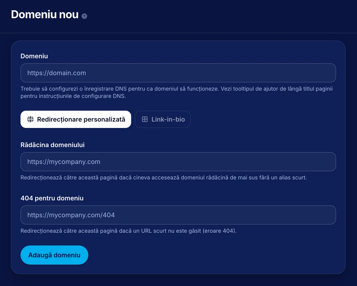 The page for adding a domain in the Li-Nk dashboard