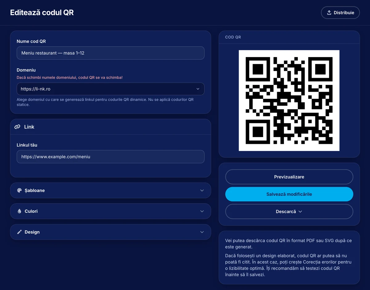 Ecranul „Editează codul QR” din Li-Nk: numele codului, domeniul și câmpul „Linkul tău” cu destinația, lângă previzualizarea codului QR și butonul „Salvează modificările”