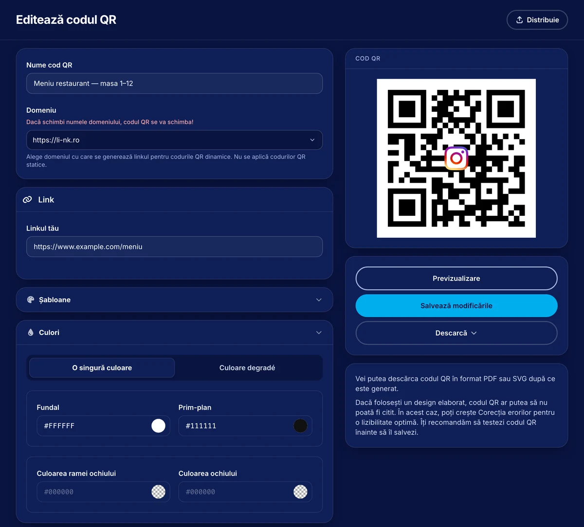 Editorul de cod QR din Li-Nk, cu secțiunea „Culori” deschisă (fundal, prim-plan, culorile ochiului) și previzualizarea codului QR cu un logo în centru